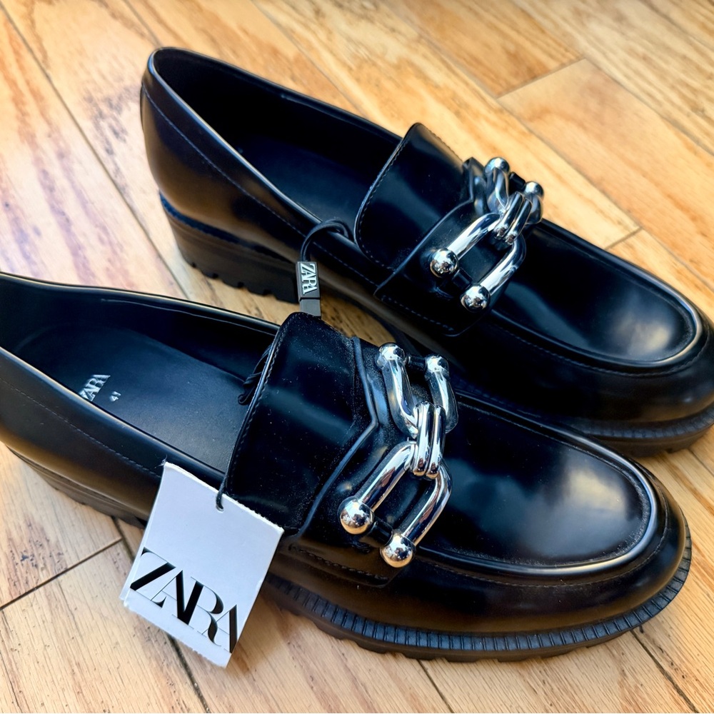 NWT Zara Women’s size 10 Lug Sole Black Loafers with Metallic Detailing